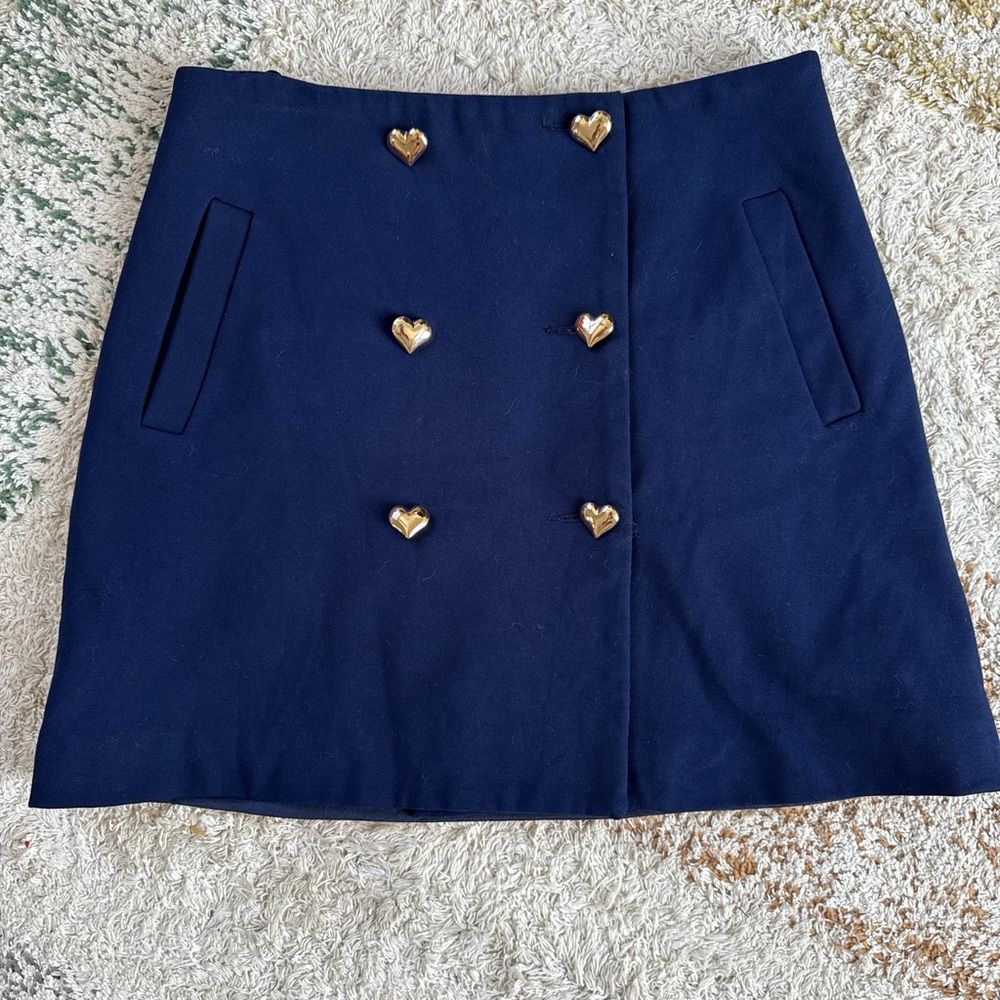Preppy Navy Blue Mini Skirt with Gold Heart Buttons